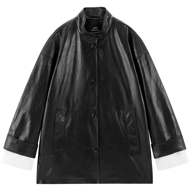 太平鸟 简约复古优雅立领宽松落肩外套真皮皮衣 女款