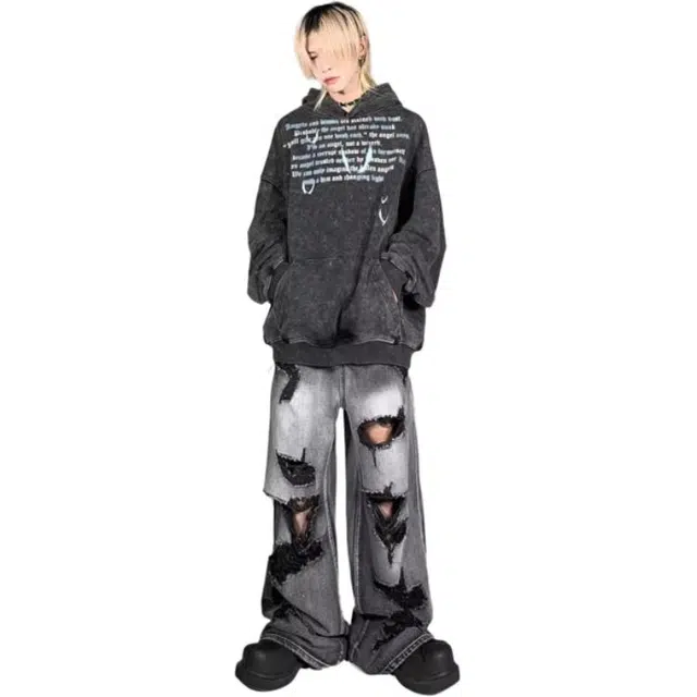 大格子与黑猫 潮牌炒雪花飞鸟印花水洗做旧连帽秋冬宽松加绒情侣帽衫卫衣 男女同款