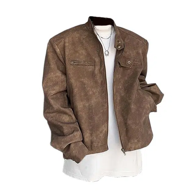 木林森 美式高街潮牌复古做旧机车服外套小众设计感短款垫肩时尚百搭潮流休闲夹克衫皮衣 男女同款