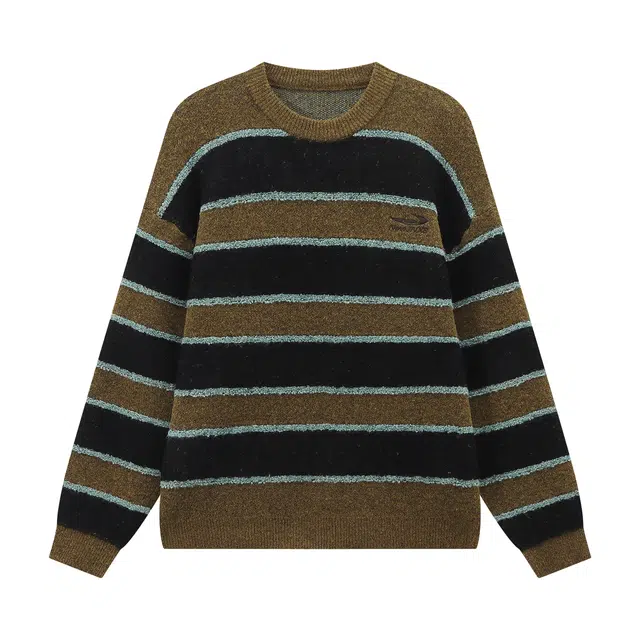 江南先生 复古风百花绒保暖刺绣条纹宽松秋季多色针织毛衣 男女同款