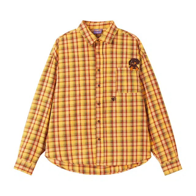 江南先生 日系复古腊肠狗刺绣条纹秋不对称斜门襟休闲百搭外套长袖衬衫 男女同款