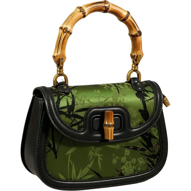 良锦记 桑蚕丝国风竹节手柄复古锁扣 牛皮 手提包 常规 女款 翠绿