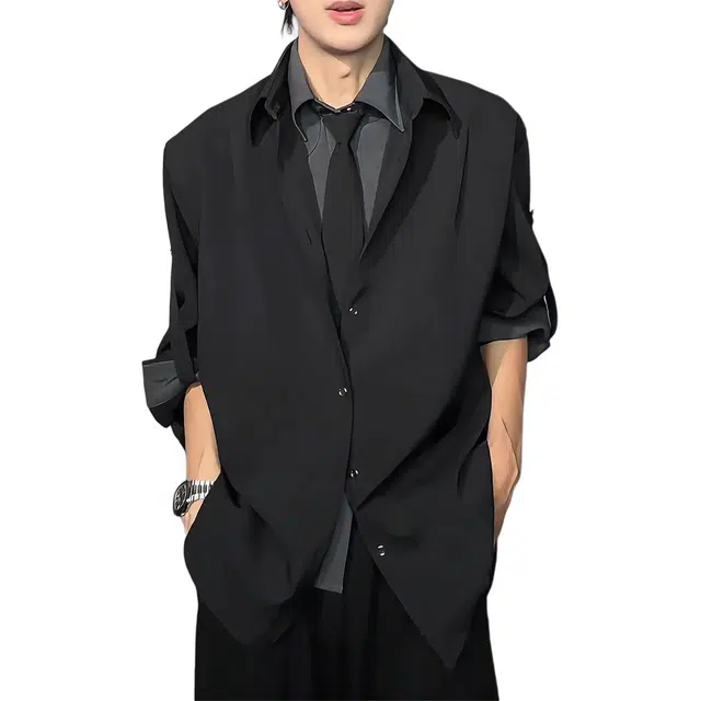 徐百货 美式假两件拼接设计感衬衣黑色高级感痞帅上衣宽松舒适潮流百搭西装 男女同款
