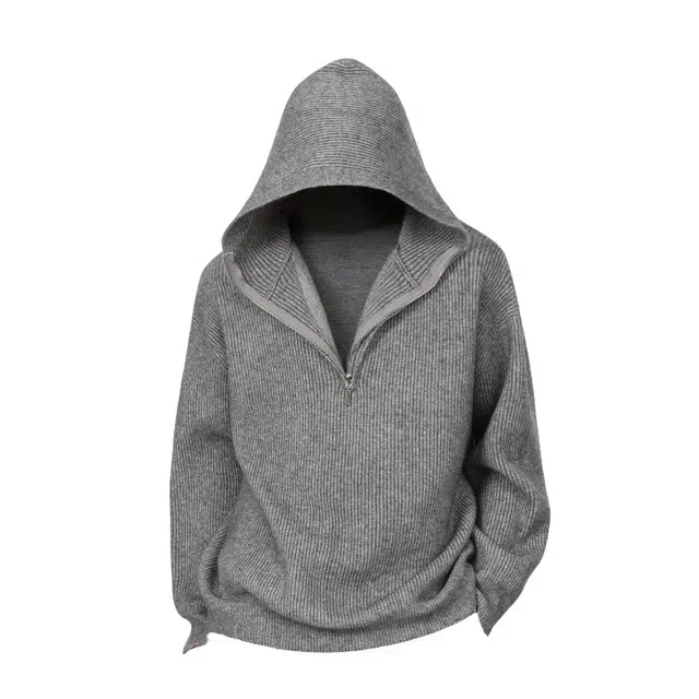 半空山 纯色简约半拉链软糯舒适透气慵懒风韩版落肩休闲连帽针织衫 男女同款