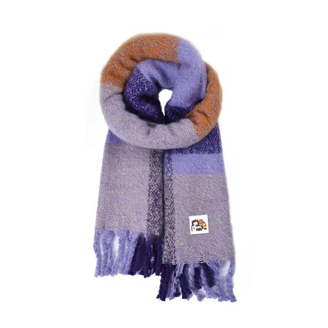 吾皇猫 加厚加大款显白蓝色格子高级感围脖秋冬蓬松大拉毛 聚酯纤维 绒线围巾 男女同款情侣款