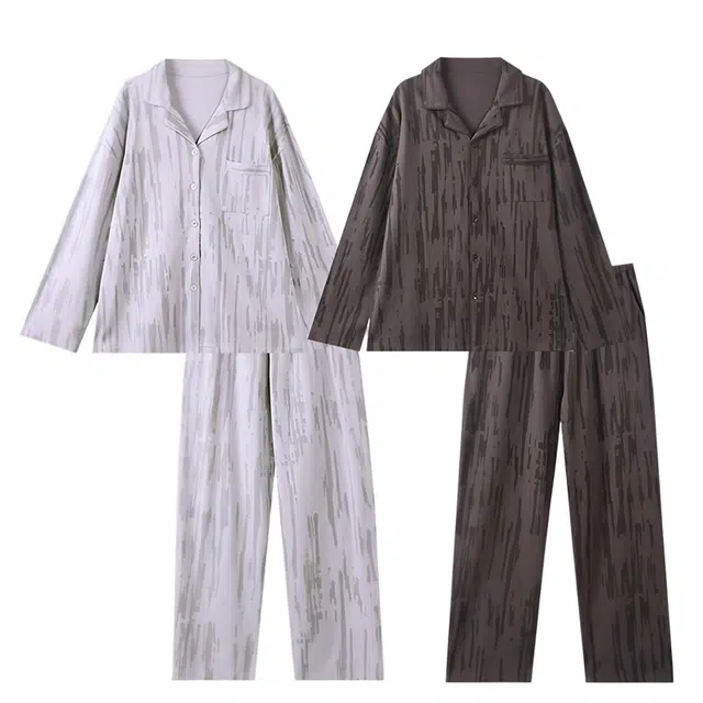 俞兆林 高级感时尚条纹翻领开衫情侣柔软长袖两件套舒适休闲家居服睡衣套装 秋冬季 男女同款