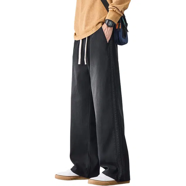 协协乐 美式复古拼接三条杠高街机能风秋冬季潮牌宽松直筒阔腿垂坠感青少年弹力抽绳痞帅百搭运动长裤休闲裤 男款