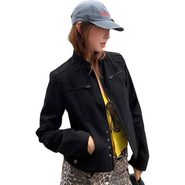 小卷要加油 美式小众设计感修身百搭休闲立领工装机车夹克外套 女款