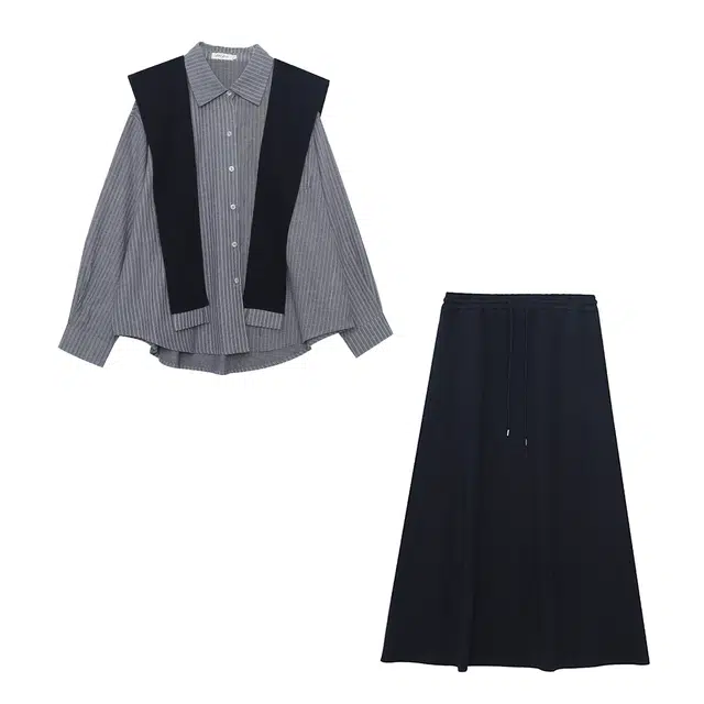 惟友 大码女装胖女生秋款秋装裙装套装 胖妹妹显瘦穿搭胖人设计感学院风衬衫半身裙 女款