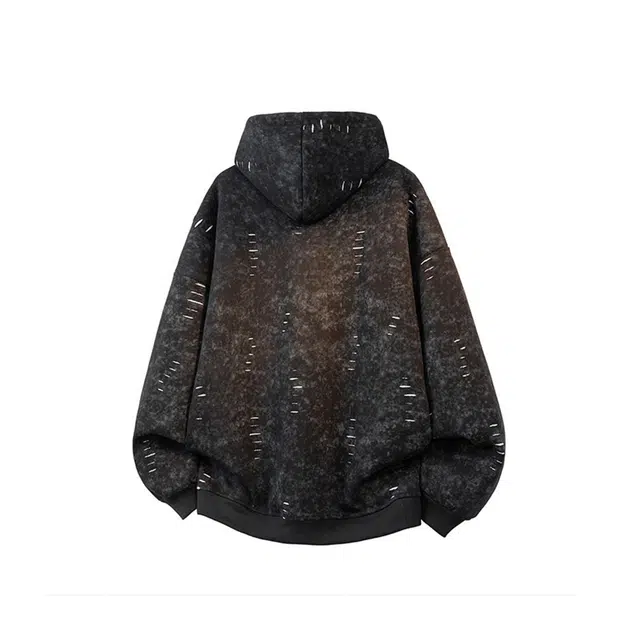 【dme】 潮牌复古美式重磅宽松设计刺绣磨破连帽外套男秋款时尚情侣百搭中性休闲卫衣帽衫 男女同款