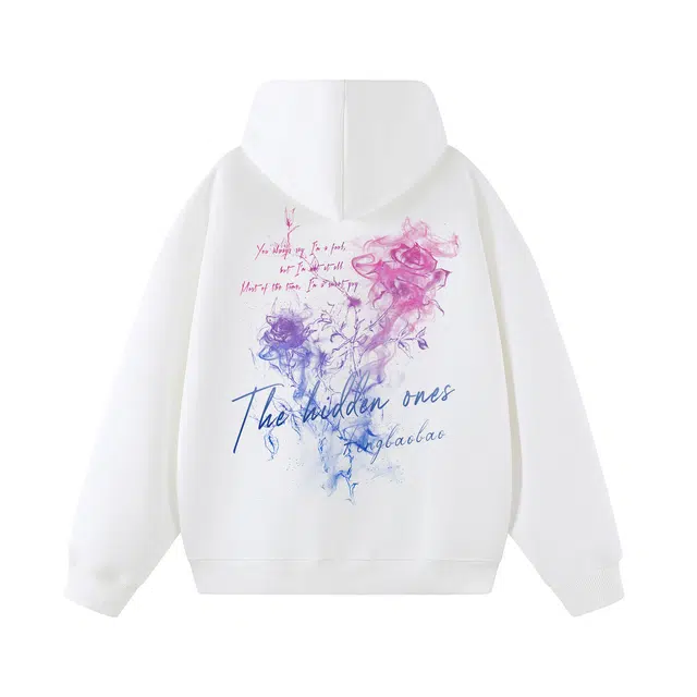 一人之下 美式高街签名字母烟雾绚丽玫瑰印花图案休闲宽松舒适百搭精选个性高级户外通勤潮流时尚长袖连帽卫衣 男女同款