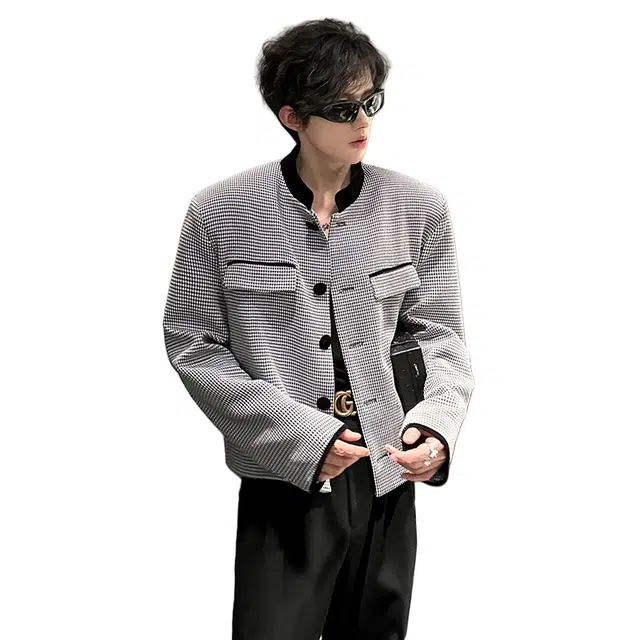 加荣 小香风千鸟格垫肩夹克男秋季轻奢风设计感小西服男款高级感痞帅上衣男装慵懒风松弛感立领外衣男士潮流百搭基础款外套 男女同款