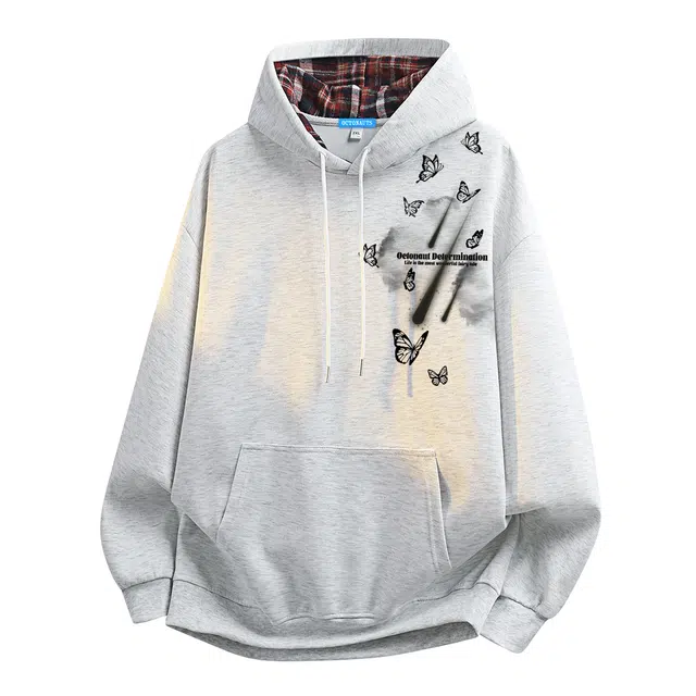 海底小纵队 复古风潮人穿搭队美式高街系列涂鸦泼墨蝴蝶印花拼接撞色格子连帽上衣无性别学生党宽松大码袋鼠口袋百搭卫衣 男女同款