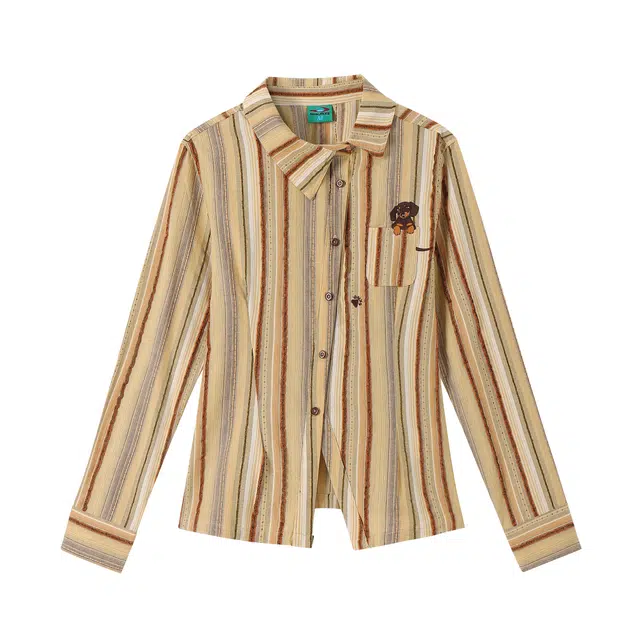 江南先生 日系复古腊肠狗刺绣条纹不对称斜门襟休闲百搭外套收腰长袖衬衫 男女同款