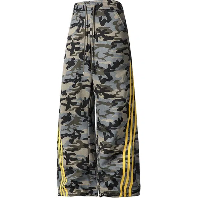 马员外 美式复古潮流迷彩三条杠户外日常通勤百搭高街宽松系带直筒垂感中腰长裤休闲裤 男女同款