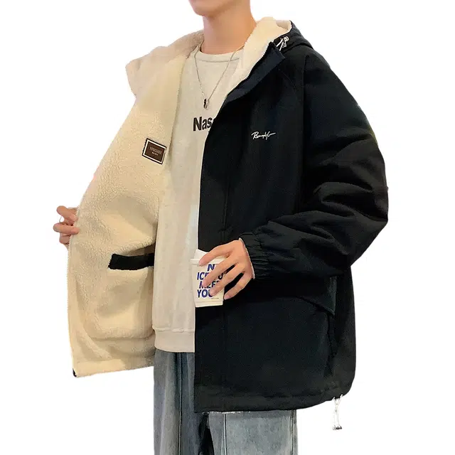 顶峰保罗 双面穿羊羔绒外套休闲工装连帽潮牌无性别主义宽松百搭加绒加厚大码保暖厚实时尚长袖棉服 男女同款
