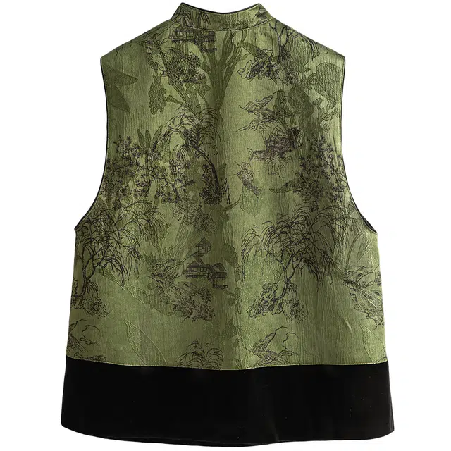 丝柏舍 单排扣盘扣新中式国风撞色拼接短款叠穿马夹立领马甲 女款