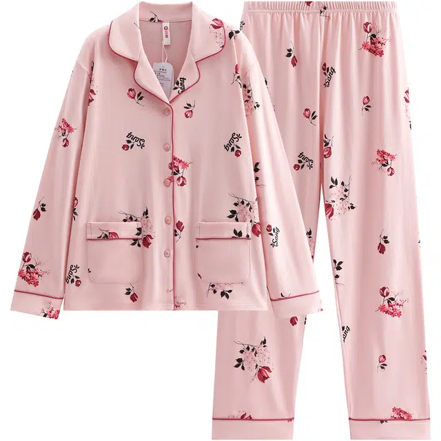 芬腾 女春秋季纯棉长袖休闲加大码全棉家居服睡衣套装 女款