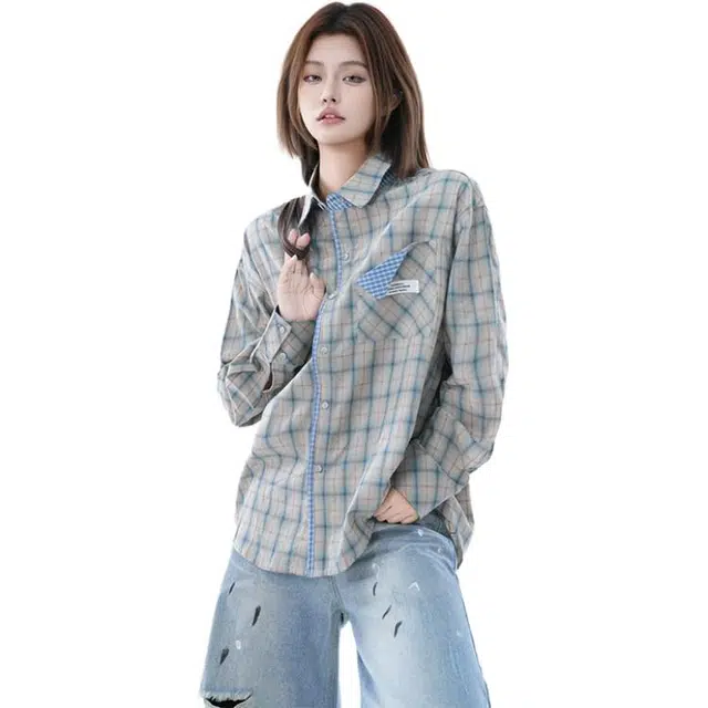 一碗士多 复古高街小众百搭格子设计感美式宽松舒适简约高级感通勤户外日常内搭外穿翻领落肩袖衬衫 男女同款