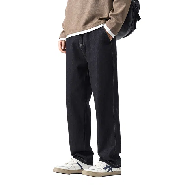 快鱼 高级感纯色简约复古水洗做旧美式高街潮流宽松显瘦休闲垂感通勤百搭直筒牛仔裤 男女同款