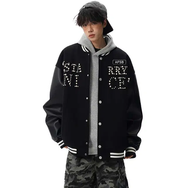 艾梵斯贝 美式复古潮流立领棒球服珍珠字母刺绣拼接设计款无性别日常通勤百搭宽松休闲时尚高级感情侣款夹克 男女同款