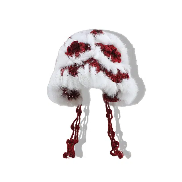 【冬日氛围感~百搭】 攸委 手工兔毛花朵针织渔夫帽子秋冬季保暖加厚护耳帽显脸小 腈纶 红色喜庆防寒流苏盆帽绒线帽毛线防寒帽 女款