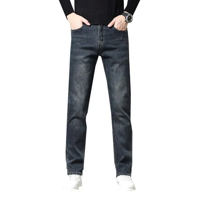 潮人榜 轻商务高端潮牌秋冬季百搭中腰显高直筒厚款柔软舒适日常通勤弹力修身牛仔裤 男女同款