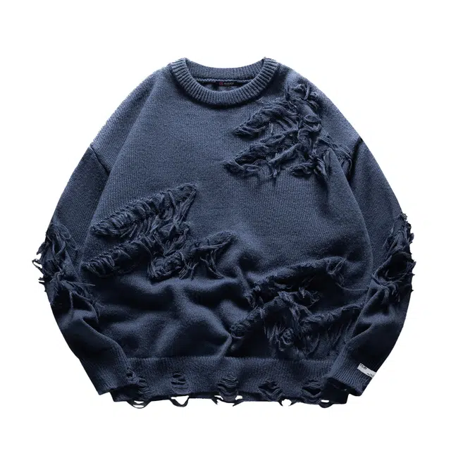 暴走的萝莉 美式复古潮流简约基础款纯色破洞流苏品牌车标设计休闲宽松日常通勤长袖圆领毛衣 男女同款