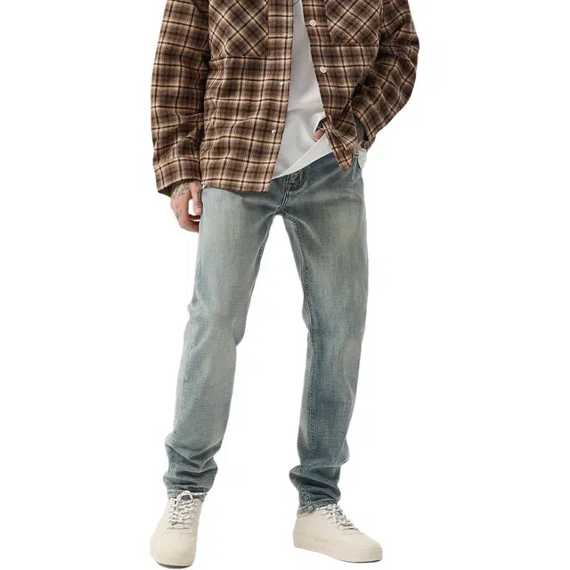 逆腾 美式复古裤男潮牌浅色修身直筒裤子男士高街弹力水洗牛仔裤 男款