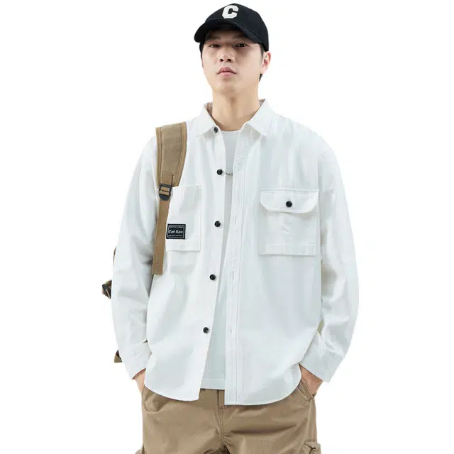 赛瀚 美式高街风纯棉衬衫长袖男款春秋纯色百搭简约日常通勤舒适极肤显瘦显高男装宽松上衣工装外套青少年高级感外穿外搭 男女同款