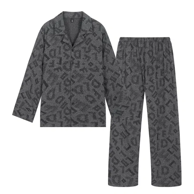 宫蝶 长袖爽肤棉家居服字母满印开衫大码可外穿复古风睡衣套装 男款