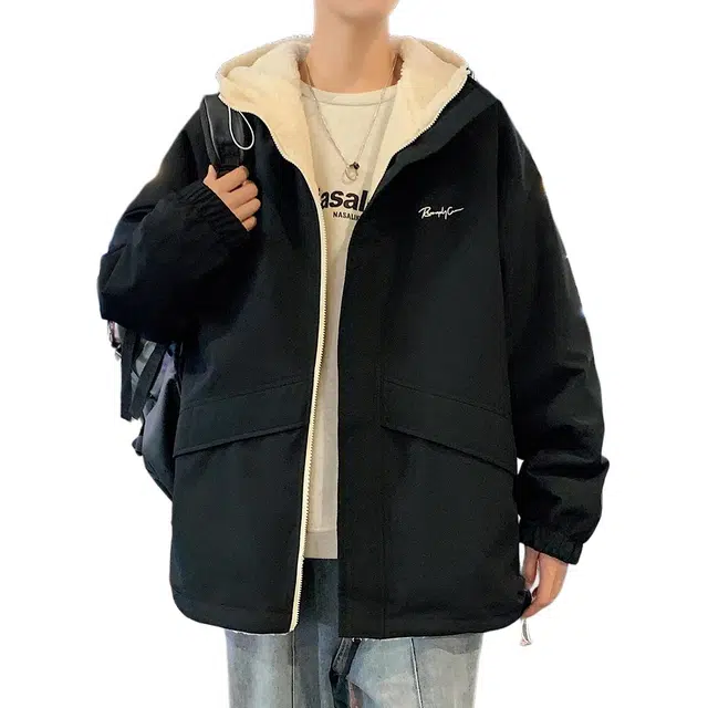 顶峰保罗 双面穿羊羔绒外套休闲工装连帽潮牌无性别主义宽松百搭加绒加厚大码保暖厚实时尚长袖棉服 男女同款