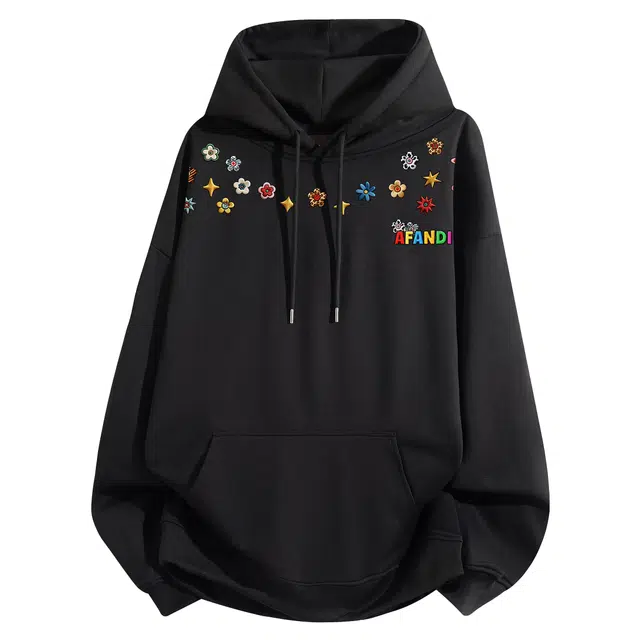 阿凡迪 美式高街复古个性创意仿刺绣多巴胺卡通图案字母印花宽松日常通勤休闲运动经典百搭长袖氛围感学院风套头连帽卫衣 男女同款