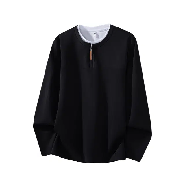 瑞梵帝斯 秋季美式高街假两件长袖潮流学院风百搭男装宽松上衣简约休闲外穿舒适亲肤日常通勤时尚潮牌衫设计感卫衣 男款