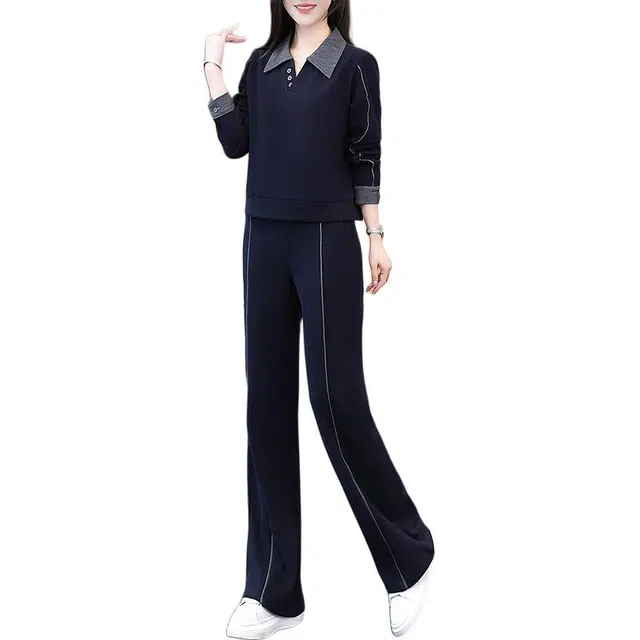 缪斯的诱惑 复古运动早秋日常整套穿搭拼色设计感假两件卫衣翻领长袖上衣百搭阔腿裤两件套显瘦显高洋气减龄优雅气质高端范时尚休闲套装 女款