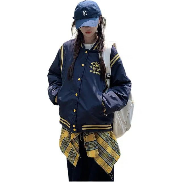 沐晓欣 秋冬棉服国潮美式外套复古刺绣拼接撞色男女显瘦百搭棒球服 女款