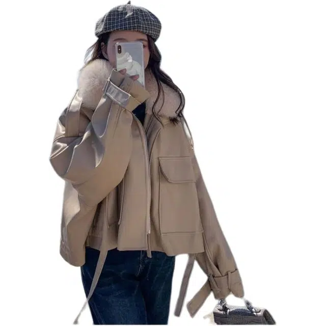 邓大喵 外套女秋冬大码宽松加绒加厚小个子短款棉服皮衣 女款