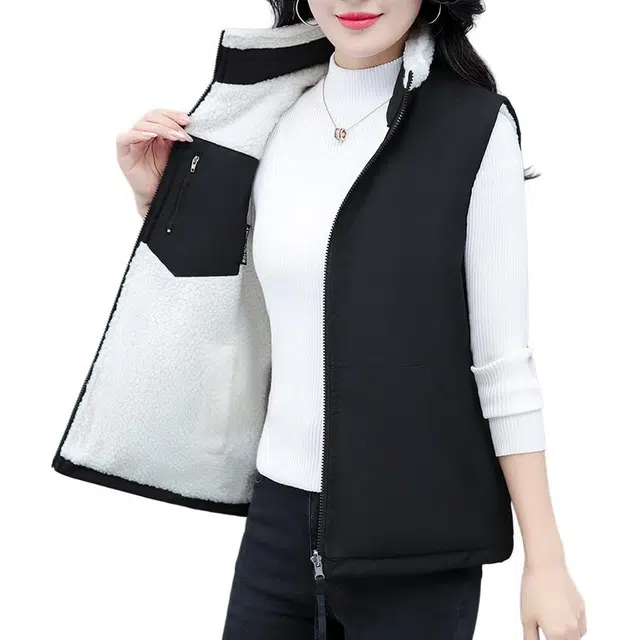 缪斯的诱惑 两穿工装立领外套简约时尚潮流洋气减龄一衣两穿休闲运动百搭无袖坎肩背心马夹拉链防风御寒加绒加厚羊羔绒保暖双面穿马甲  女款