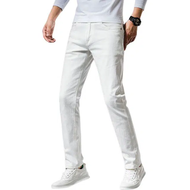 潮人榜 秋冬季高端象牙白潮牌百搭中腰显高直筒厚款柔软舒适日常通勤商务弹力修身牛仔裤 男女同款