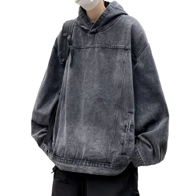 冈哉 美式复古水洗做旧解构拼接牛仔连帽设计潮流重磅宽松休闲日常百搭套头痞帅卫衣 男女同款