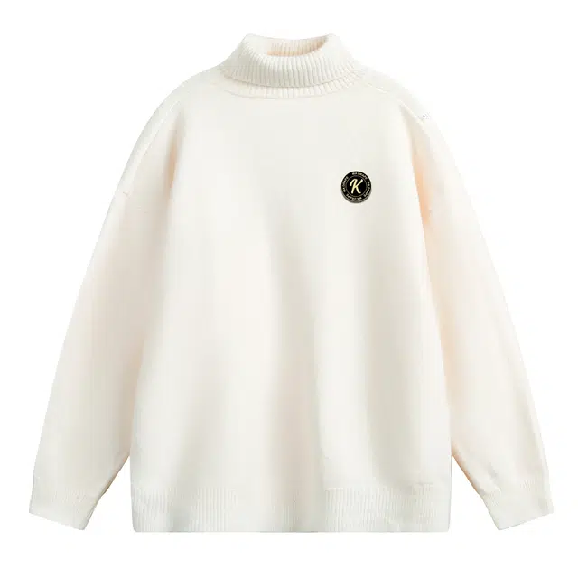 空白町 多巴胺色系简约休闲潮流纯色高领套头高智老钱风穿搭落肩袖舒适保暖上衣服基础款赠品胸针学院百搭时尚宽松针织衫  男女同款