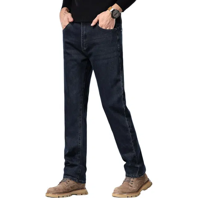 潮人榜 秋冬季美式高端百搭潮牌中腰显高直筒厚款柔软舒适日常通勤商务弹力修身牛仔裤 男女同款