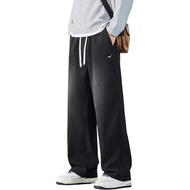 协协乐 高街风纯色美式复古做旧秋冬季潮牌宽松直筒阔腿垂坠感青少年弹力抽绳痞帅百搭运动长裤休闲裤 男款