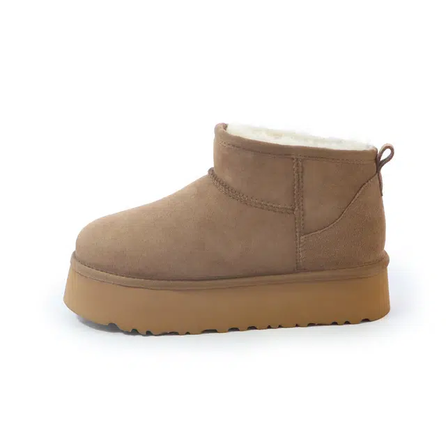 拾伍象 橡胶圆头皮毛一体一脚蹬短筒鞋 厚底雪地靴 女