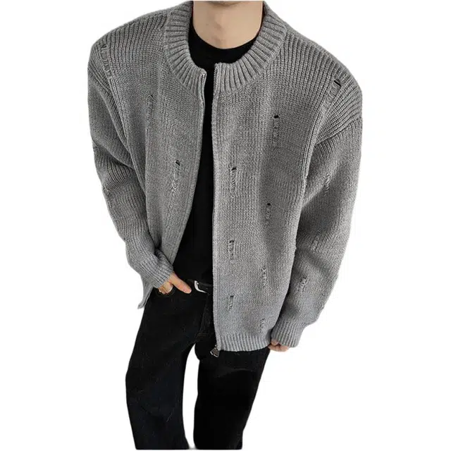 拓菲 破洞开衫毛衣男设计感慵懒风宽松夹克外套秋季高级感休闲上衣针织衫 男女同款