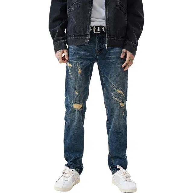 逆腾 逆腾破洞补丁裤男美式高街修身裤子男士潮牌水洗复古直筒小脚牛仔裤 男款