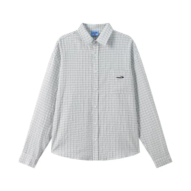 江南先生 美式复古文艺风绣花长短款格纹衬衣秋季情侣休闲长袖衬衫 男女同款