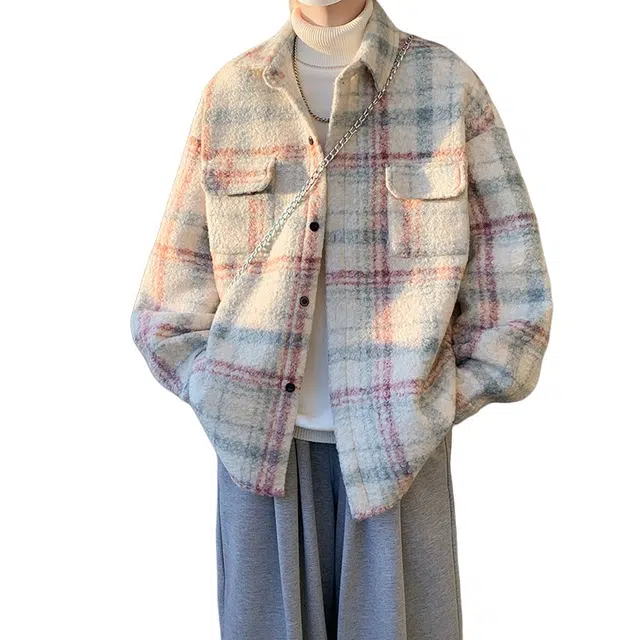 加荣 美拉德撞色呢料夹克男秋季潮牌学生上衣男装小香风格子设计毛呢外衣男时尚高级毛衬衫男款青少年初中生帅气百搭男士外套 男女同款