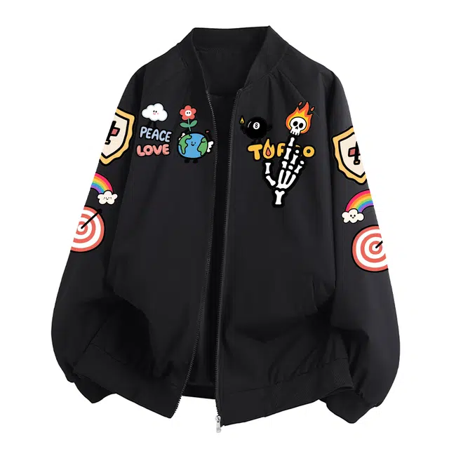 拾个壹先生 美式高街复古卡通涂鸦创意设计图案字母印花宽松休闲工装学院风日常舒适棒球领飞行员夹克 男女同款