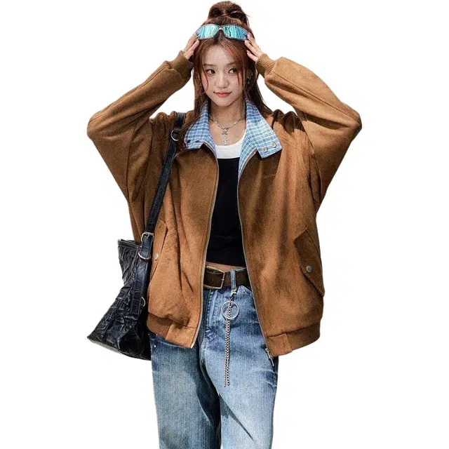 小卷要加油 美式格子拼接麂皮绒外套女款秋季宽松气质棒球服 男女同款